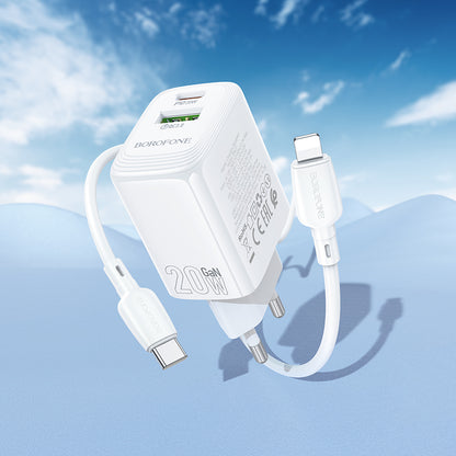 Network Charger with Lightning Cable Borofone BN27 Fuente, 20W, 3A, 1 x USB-A - 1 x USB-C, White
