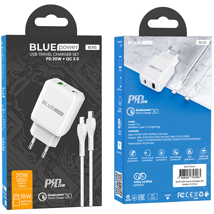 BLUE Power BLN5, 20W, 3A, 1 x USB-A - 1 x USB-C, biały