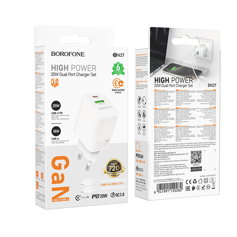 Network Charger with USB-C Cable Borofone BN27 Fuente, 20W, 3A, 1 x USB-A - 1 x USB-C, White