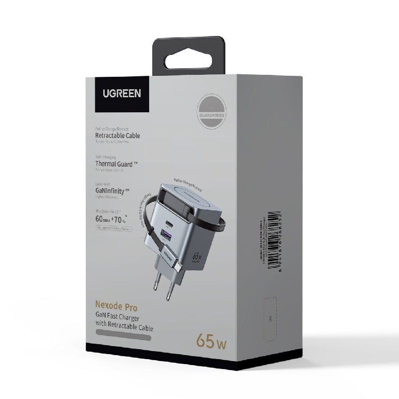 Ładowarka sieciowa z kablem USB-C UGREEN X615, 65W, 3A, 1 x USB-A - 1 x USB-C, Szara