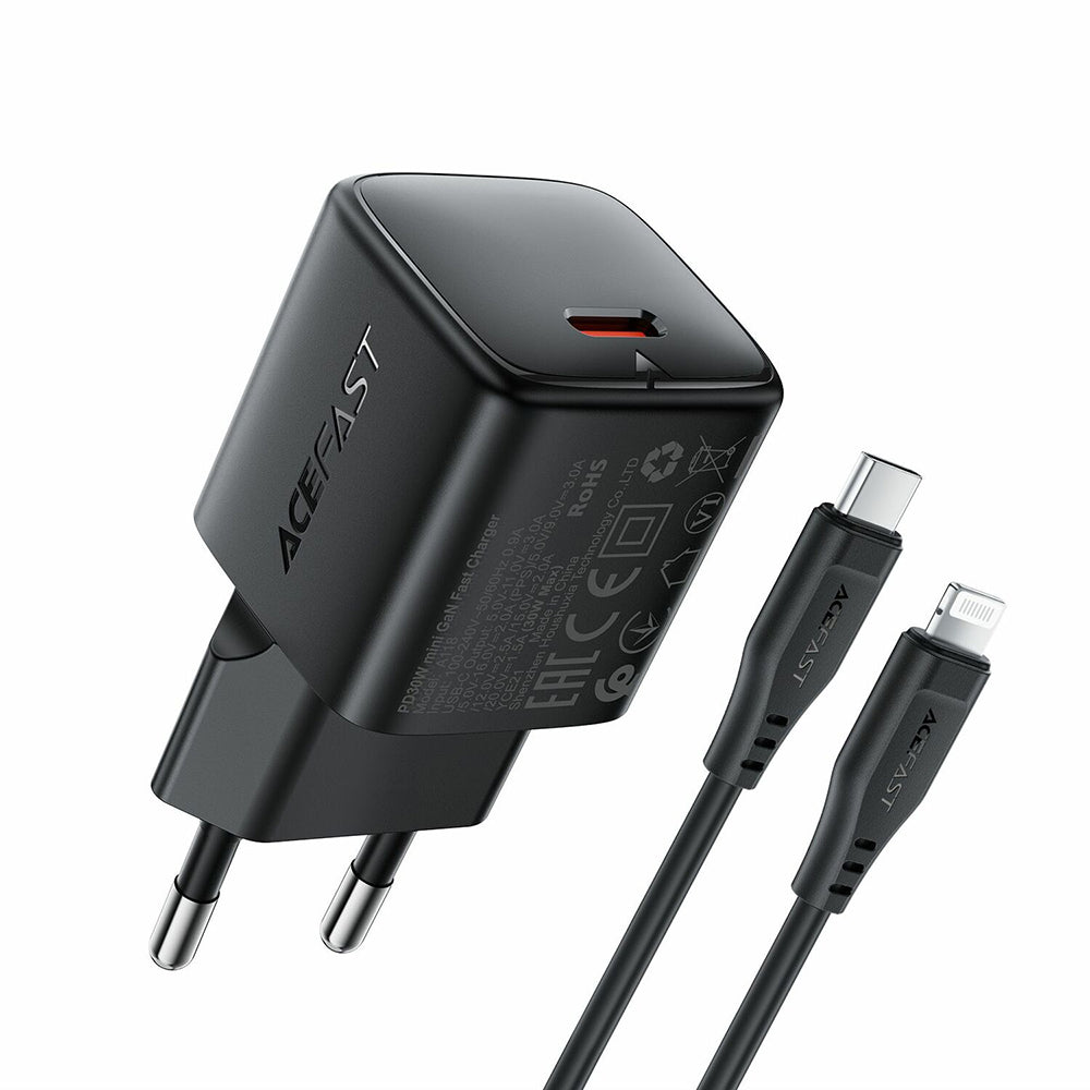 Acefast A118 Lightning Cable Wall Charger, 30W, 3A, 1 x USB-C, Black