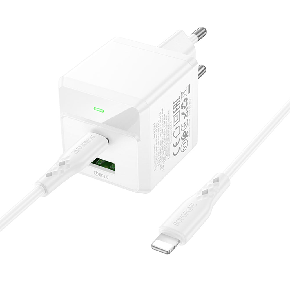 Ładowarka sieciowa z kablem Lightning Borofone BN19 Intenso, 20W, 3A, 1 x USB-A - 1 x USB-C, Biała