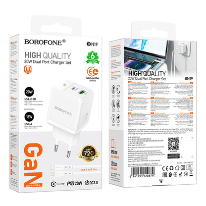 Ładowarka sieciowa z kablem Lightning Borofone BN19 Intenso, 20W, 3A, 1 x USB-A - 1 x USB-C, Biała