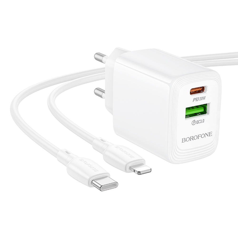 Network Charger with Lightning Cable Borofone BN27 Fuente, 20W, 3A, 1 x USB-A - 1 x USB-C, White