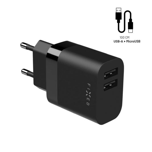 Fixed Network Charger with microUSB Cable, 17W, 3A, 2 x USB-A, Black