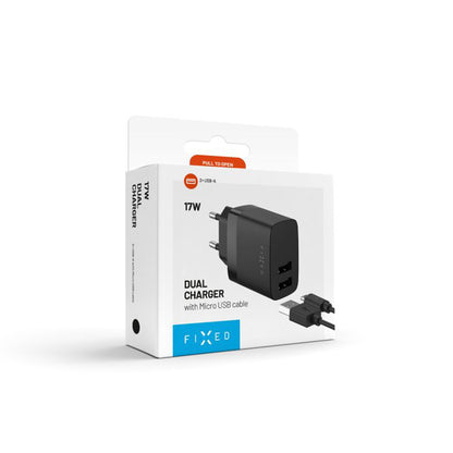 Fixed Network Charger with microUSB Cable, 17W, 3A, 2 x USB-A, Black
