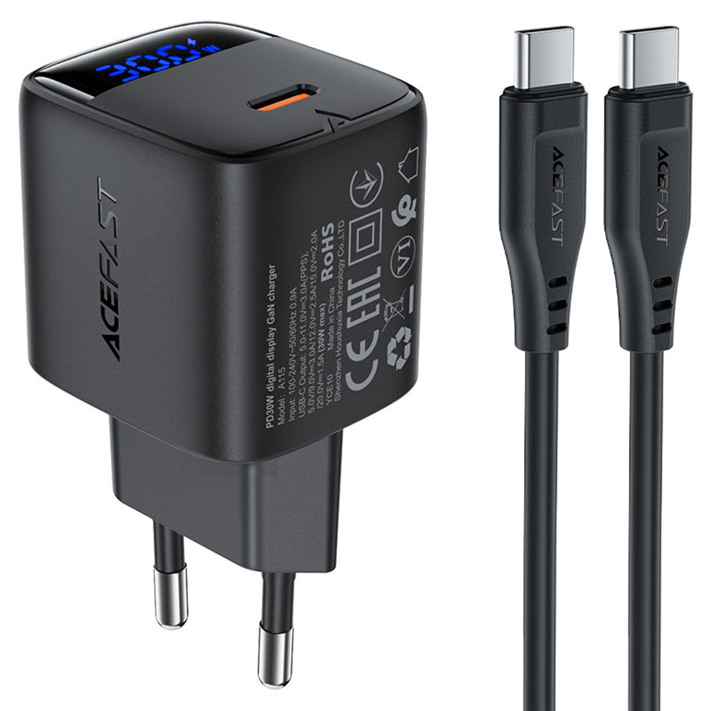 Ładowarka sieciowa z kablem USB-C Acefast A115 Display, 30W, 3A, 1 x USB-C, Czarna