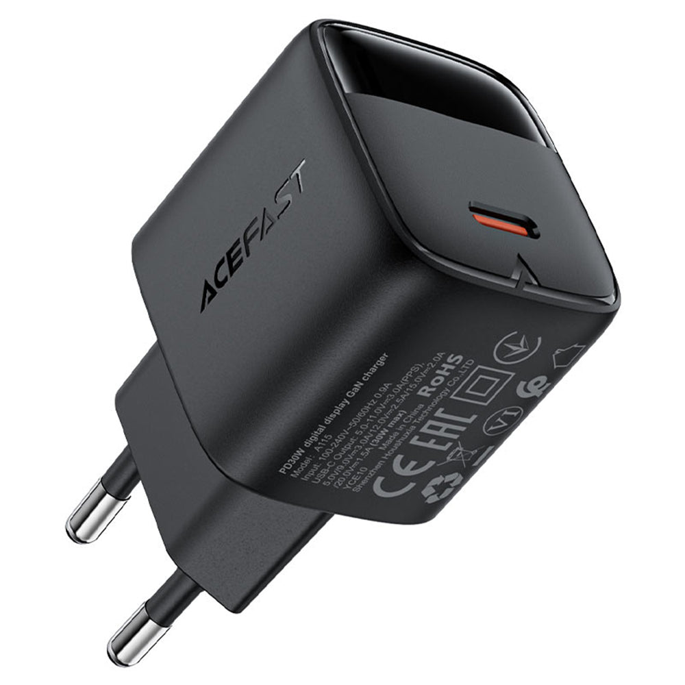Ładowarka sieciowa z kablem USB-C Acefast A115 Display, 30W, 3A, 1 x USB-C, Czarna