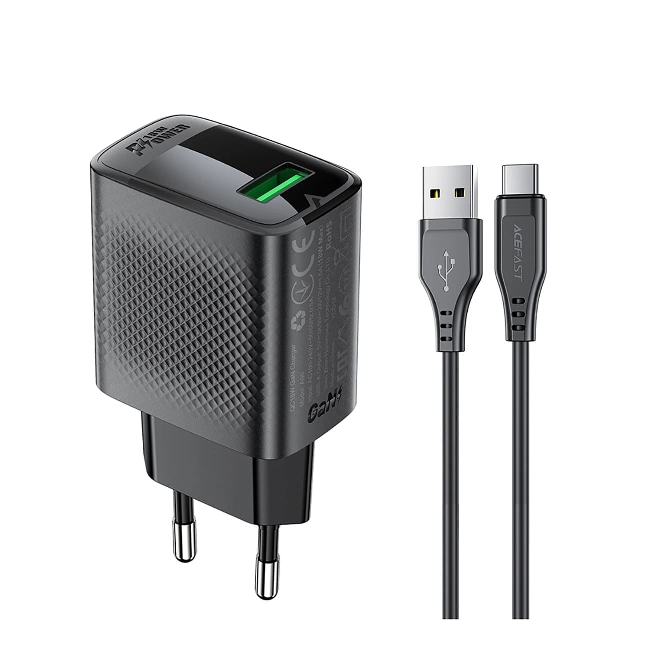 Ładowarka sieciowa z kablem USB-C Acefast A90, 18W, 3A, 1 x USB-A, Czarna