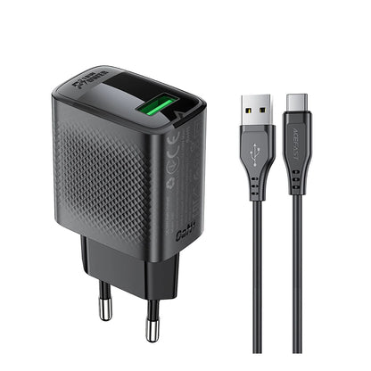 Ładowarka sieciowa z kablem USB-C Acefast A90, 18W, 3A, 1 x USB-A, Czarna
