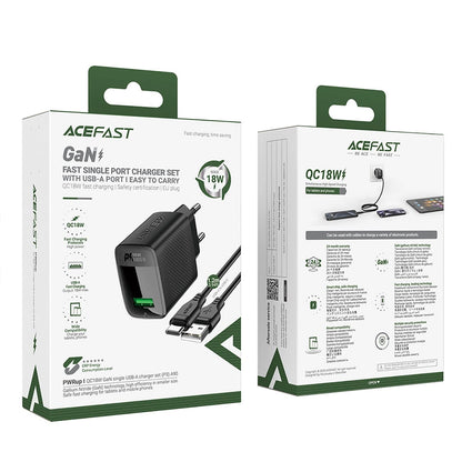 Ładowarka sieciowa z kablem USB-C Acefast A90, 18W, 3A, 1 x USB-A, Czarna