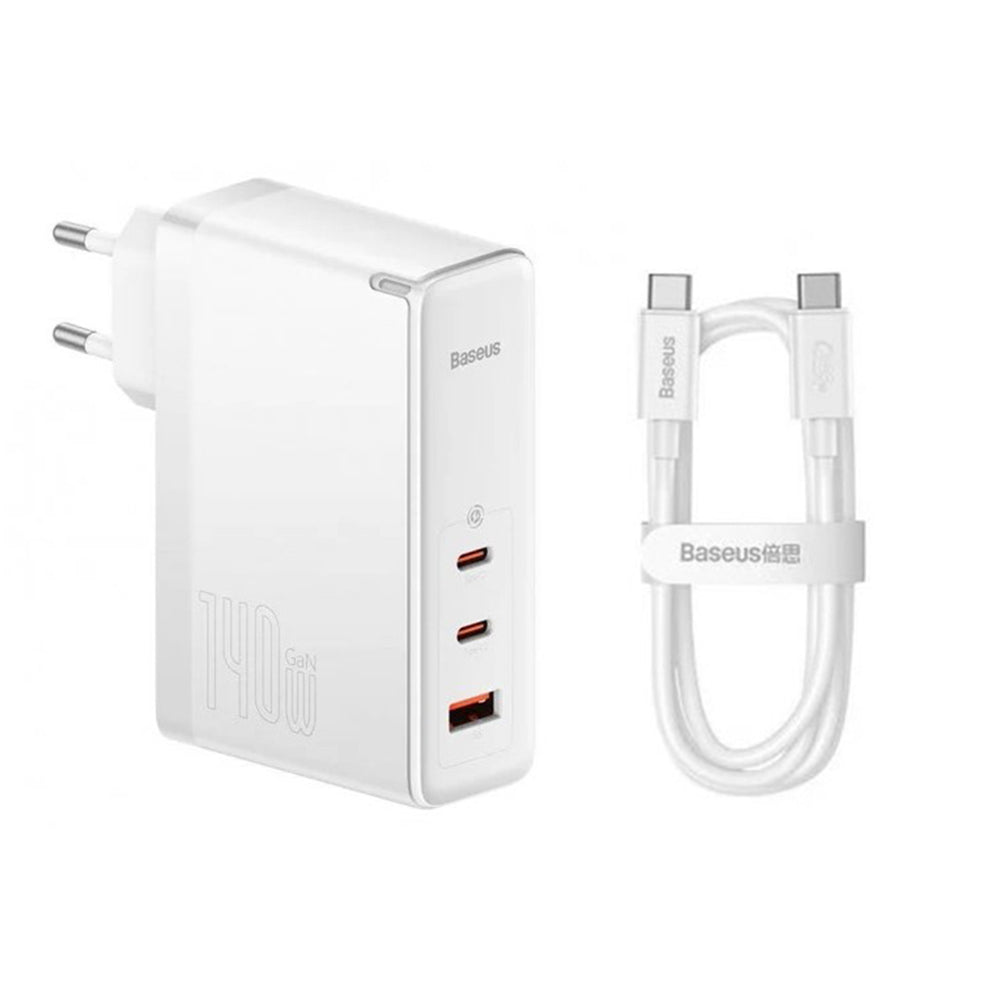Ładowarka sieciowa z kablem USB-C Baseus GaN5 Pro, 140W, 5A, 1 x USB-A - 2 x USB-C, Biała CCGP100202