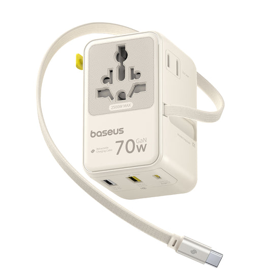 Ładowarka sieciowa z kablem USB-C Baseus Travel EnerCore CG11, 70W, 2 x gniazdko - 1 x USB-C - 2 x USB-A, biały E0307E01