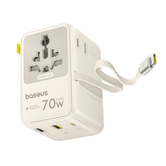 Ładowarka sieciowa z kablem USB-C Baseus Travel EnerCore CG11, 70W, 2 x gniazdko - 1 x USB-C - 2 x USB-A, biały E0307E01