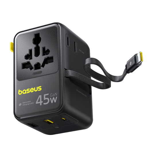 Ładowarka sieciowa z kablem USB-C Baseus Travel PicoGo AG11, 45W, 2 x gniazdko - 1 x USB-C - 2 x USB-A, czarna E0307F00
