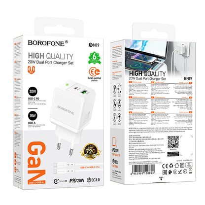 Ładowarka Sieciowa z Kablem USB-C Borofone BN19 Intenso, 20W, 3A, 1 x USB-A - 1 x USB-C, Biała