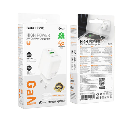 Network Charger with USB-C Cable Borofone BN27 Fuente, 20W, 3A, 1 x USB-A - 1 x USB-C, White