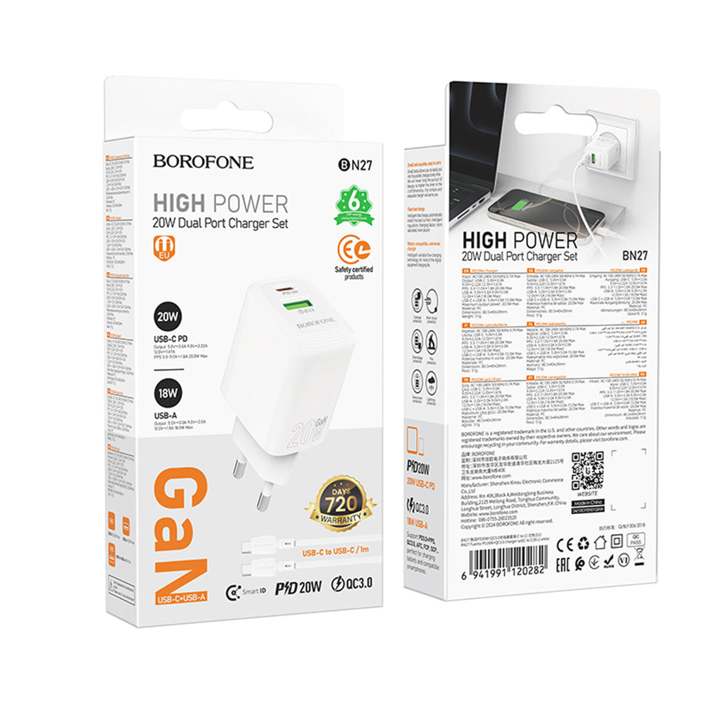 Ładowarka sieciowa z kablem USB-C Borofone BN27 Fuente, 20W, 3A, 1 x USB-A - 1 x USB-C, Biała
