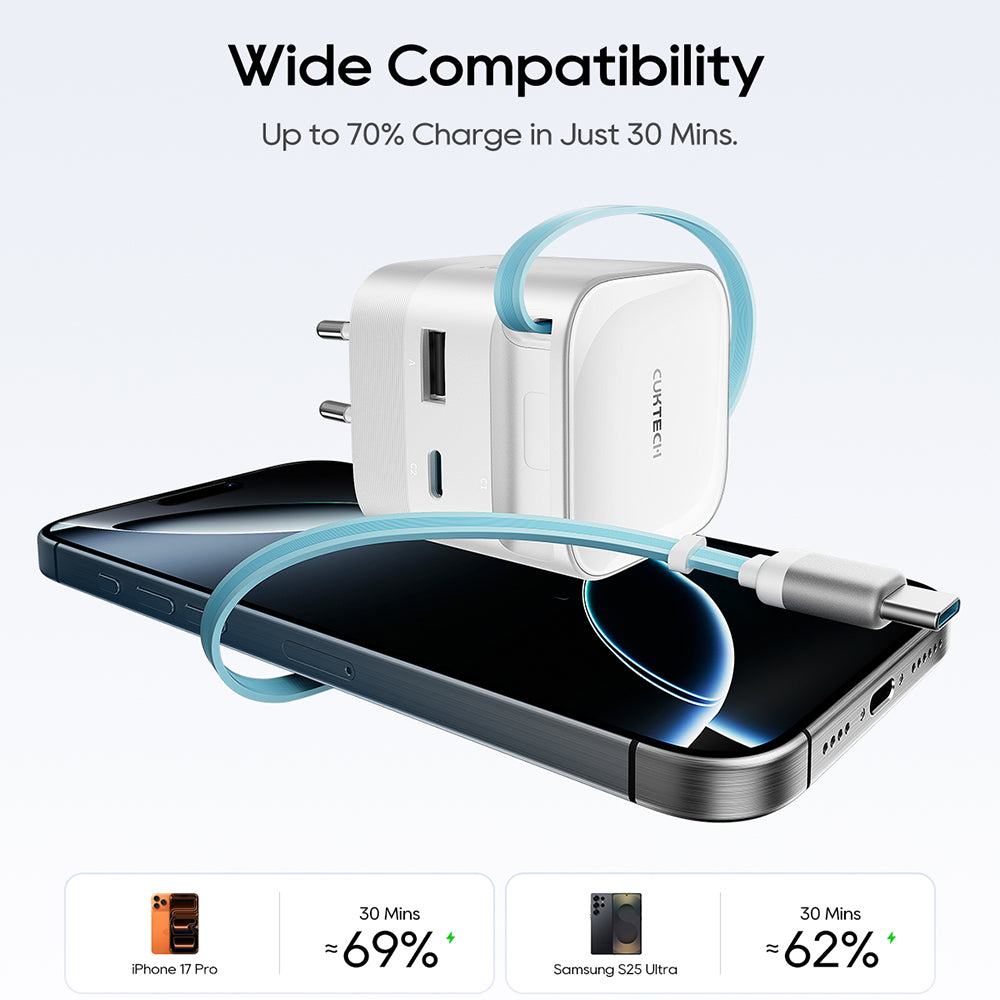 Ładowarka sieciowa z kablem USB-C Cuktech, 67W, 3,25A, 1 x USB-A - 1 x USB-C, biały CUKA653WEUWT