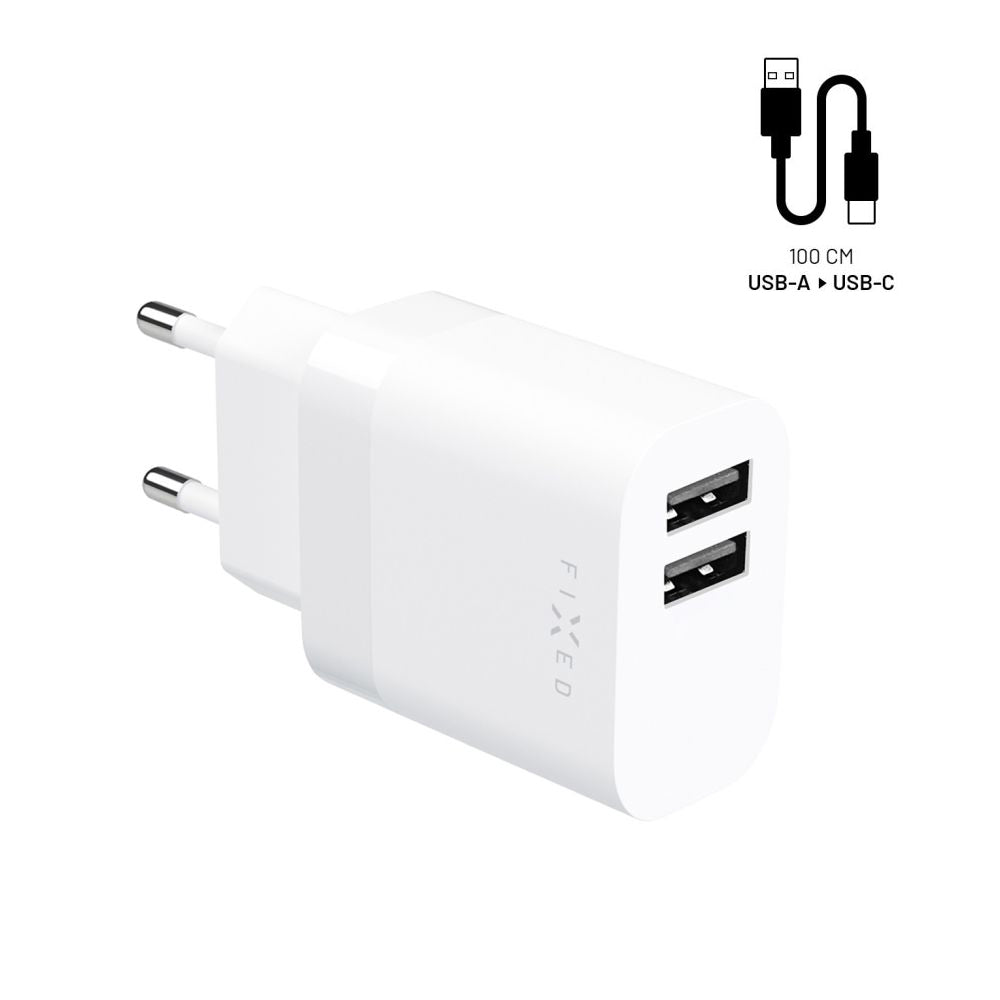 Ładowarka sieciowa z kablem USB-C Fixed, 17W, 3A, 2 x USB-A, Biała