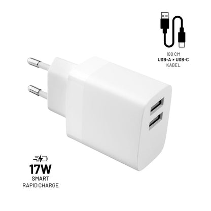Ładowarka sieciowa z kablem USB-C Fixed, 17W, 3A, 2 x USB-A, Biała