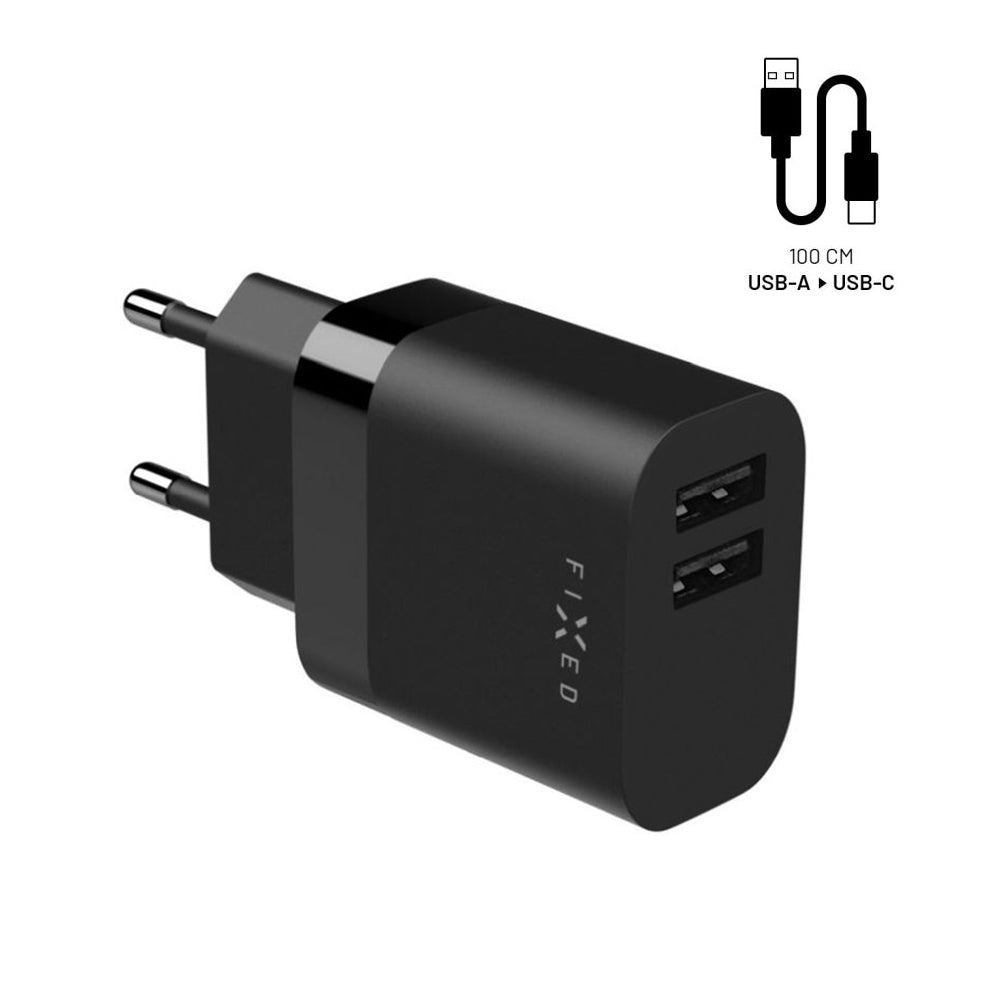 Ładowarka sieciowa z kablem USB-C Fixed, 17W, 3A, 2 x USB-A, Czarna
