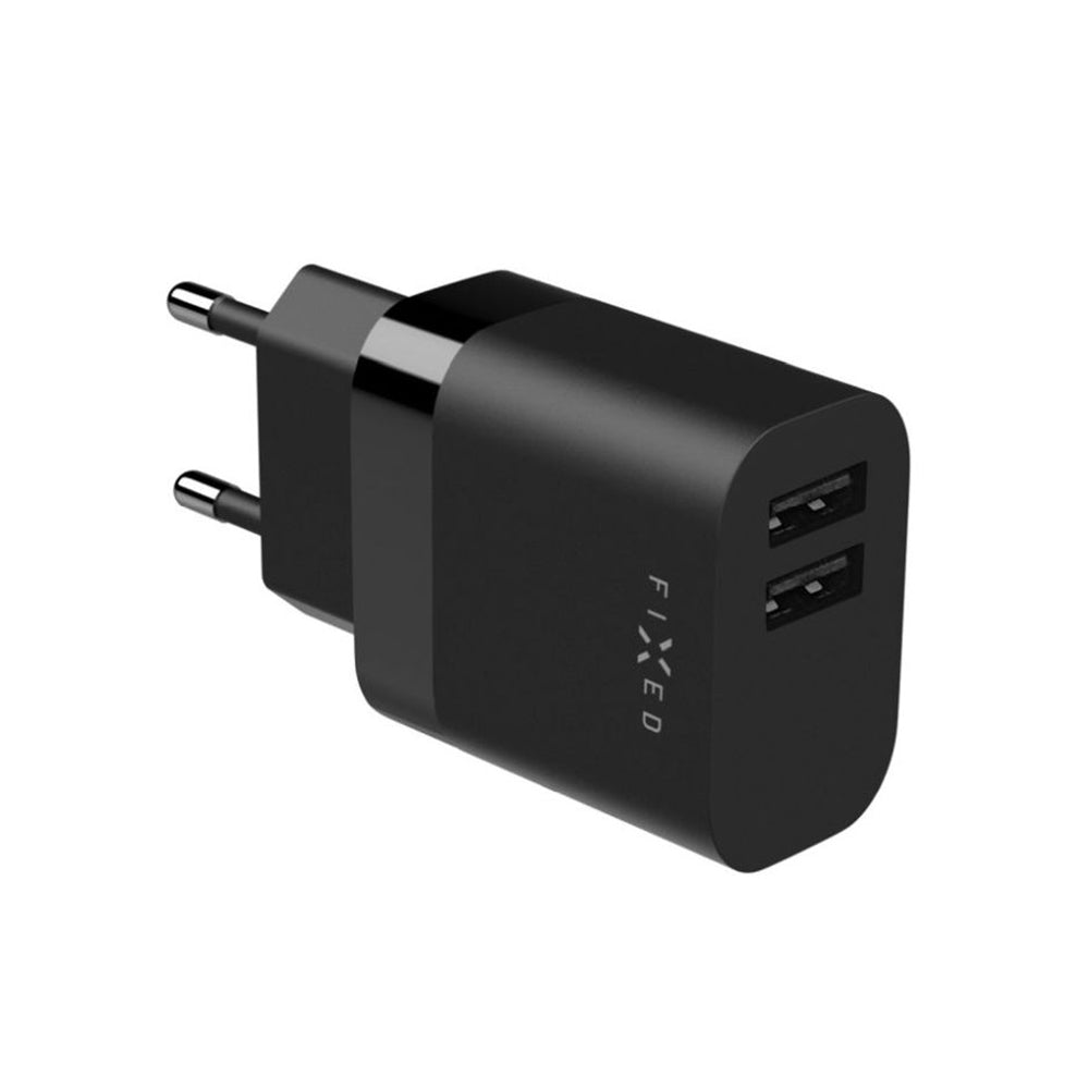 Ładowarka sieciowa z kablem USB-C Fixed, 17W, 3A, 2 x USB-A, Czarna