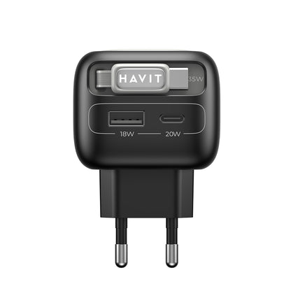 Ładowarka sieciowa z kablem USB-C HAVIT UC251, 35W, 3A, 1 x USB-A - 1 x USB-C, Czarno-Szara