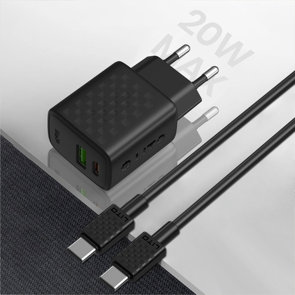 Ładowarka sieciowa z kablem USB-C Lito LC15T, 20W, 3A, 1 x USB-A - 1 x USB-C, Czarna