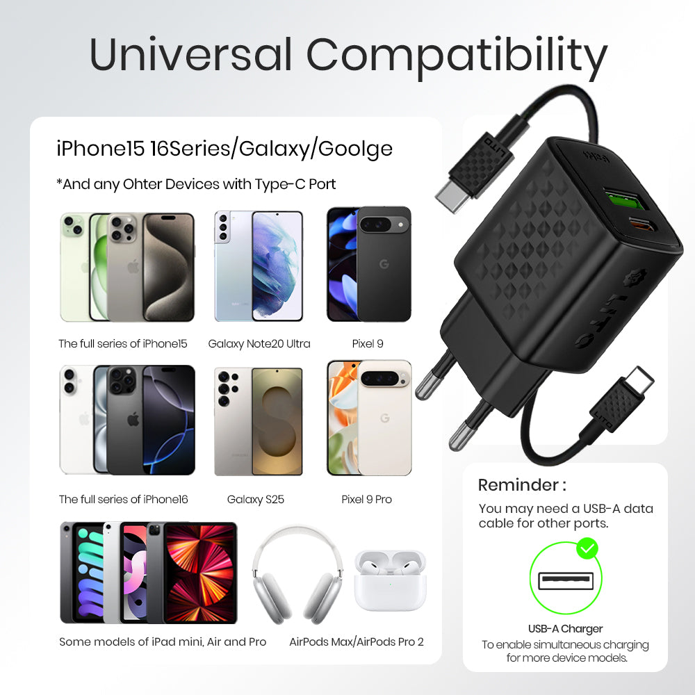 Ładowarka sieciowa z kablem USB-C Lito LC15T, 20W, 3A, 1 x USB-A - 1 x USB-C, Czarna