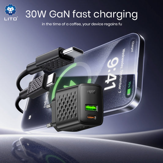 Ładowarka sieciowa z kablem USB-C Lito LC19T, 30W, 3A, 1 x USB-A - 1 x USB-C, Czarna