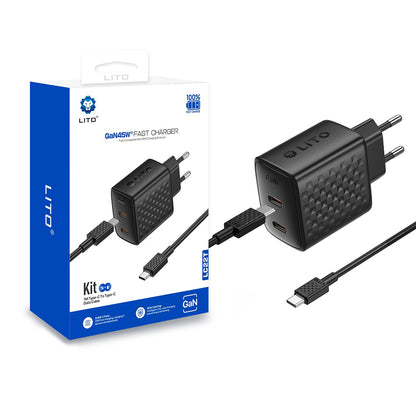Network Charger with USB-C Cable Lito LC22T, 45W, 3A, 2 x USB-C, Black