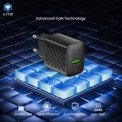 Ładowarka sieciowa z kablem USB-C Lito LC24T, 65W, 3.25A, 1 x USB-A - 1 x USB-C, Czarna