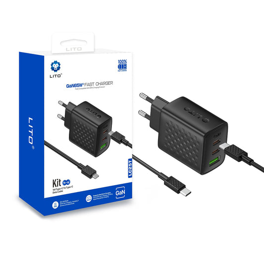 Ładowarka sieciowa z kablem USB-C Lito LC25T, 65W, 3.25A, 1 x USB-A - 2 x USB-C, Czarny