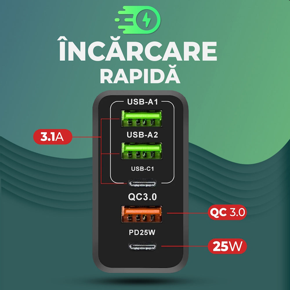 Ładowarka sieciowa z kablem USB-C Techsuit CHC1 PentaXPower, 25W, 3A, 3 x USB-A - 2 x USB-C, Czarny
