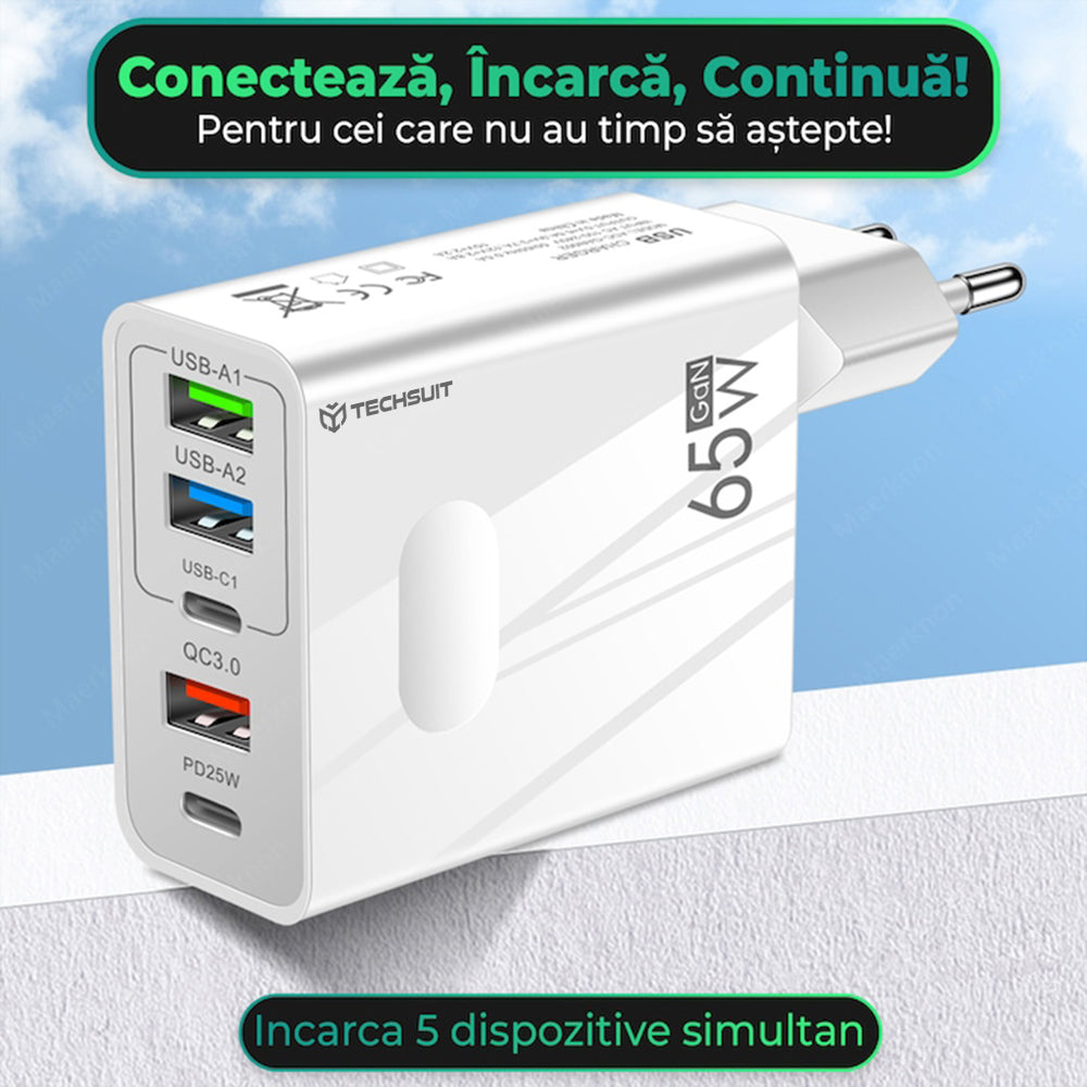 Ładowarka sieciowa z kablem USB-C Techsuit CHC1 PentaXPower, 25W, 3A, 3 x USB-A - 2 x USB-C, Czarny