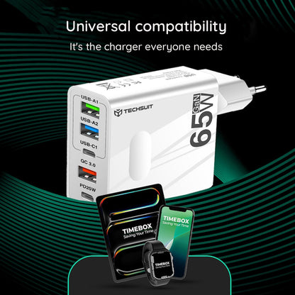 Ładowarka sieciowa z kablem USB-C Techsuit CHC1 PentaXPower, 25W, 3A, 3 x USB-A - 2 x USB-C, Czarny