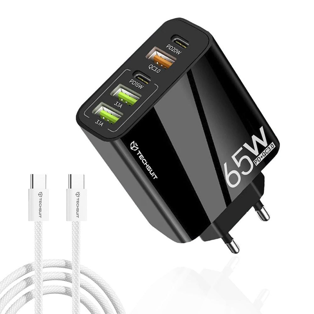 Ładowarka sieciowa z kablem USB-C Techsuit CHC2 PentaXPower, 20W, 3A, 3 x USB-A - 2 x USB-C, Czarny