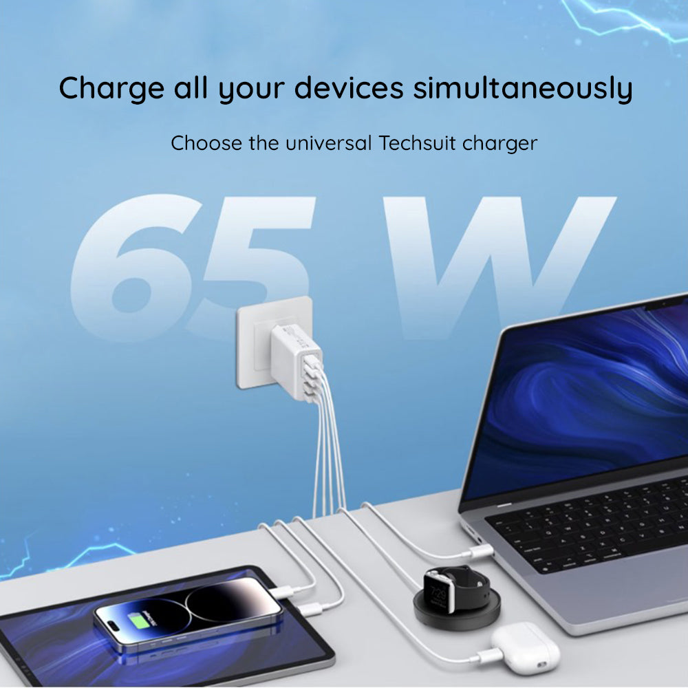 Ładowarka sieciowa z kablem USB-C Techsuit CHC2 PentaXPower, 20W, 3A, 3 x USB-A - 2 x USB-C, Czarny