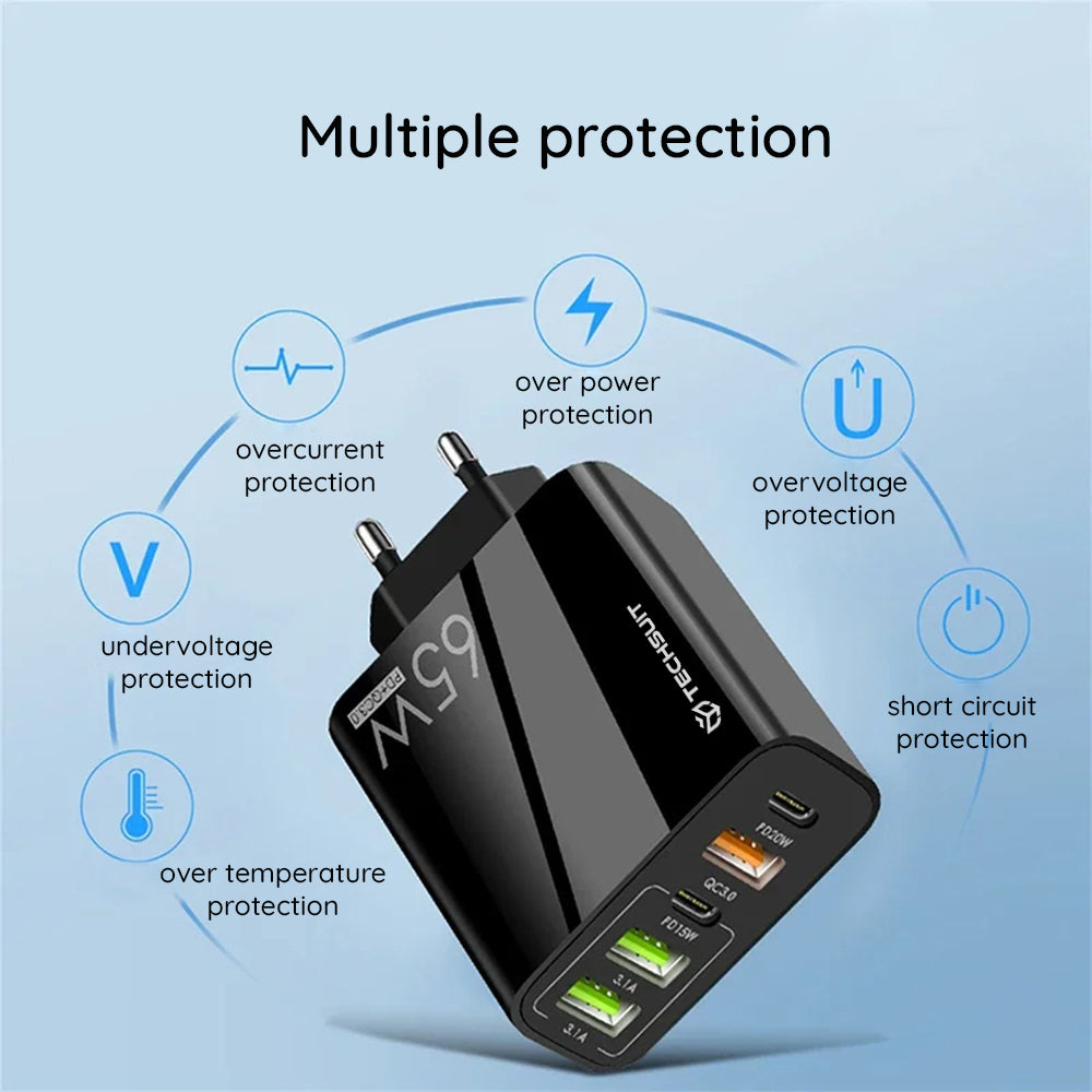 Ładowarka sieciowa z kablem USB-C Techsuit CHC2 PentaXPower, 20W, 3A, 3 x USB-A - 2 x USB-C, Czarny