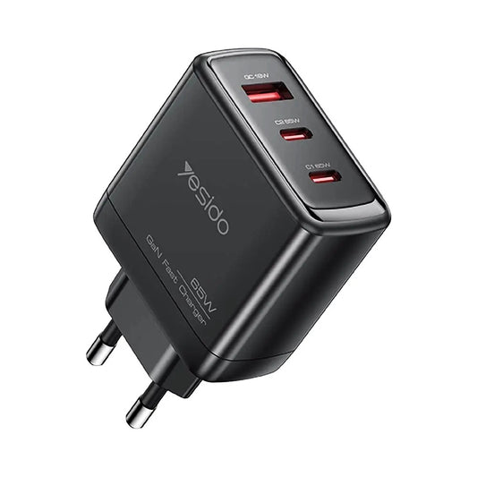 Ładowarka sieciowa z kablem USB-C Yesido YC144C, 65W, 3.25A, 1 x USB-A - 2 x USB-C, Czarny