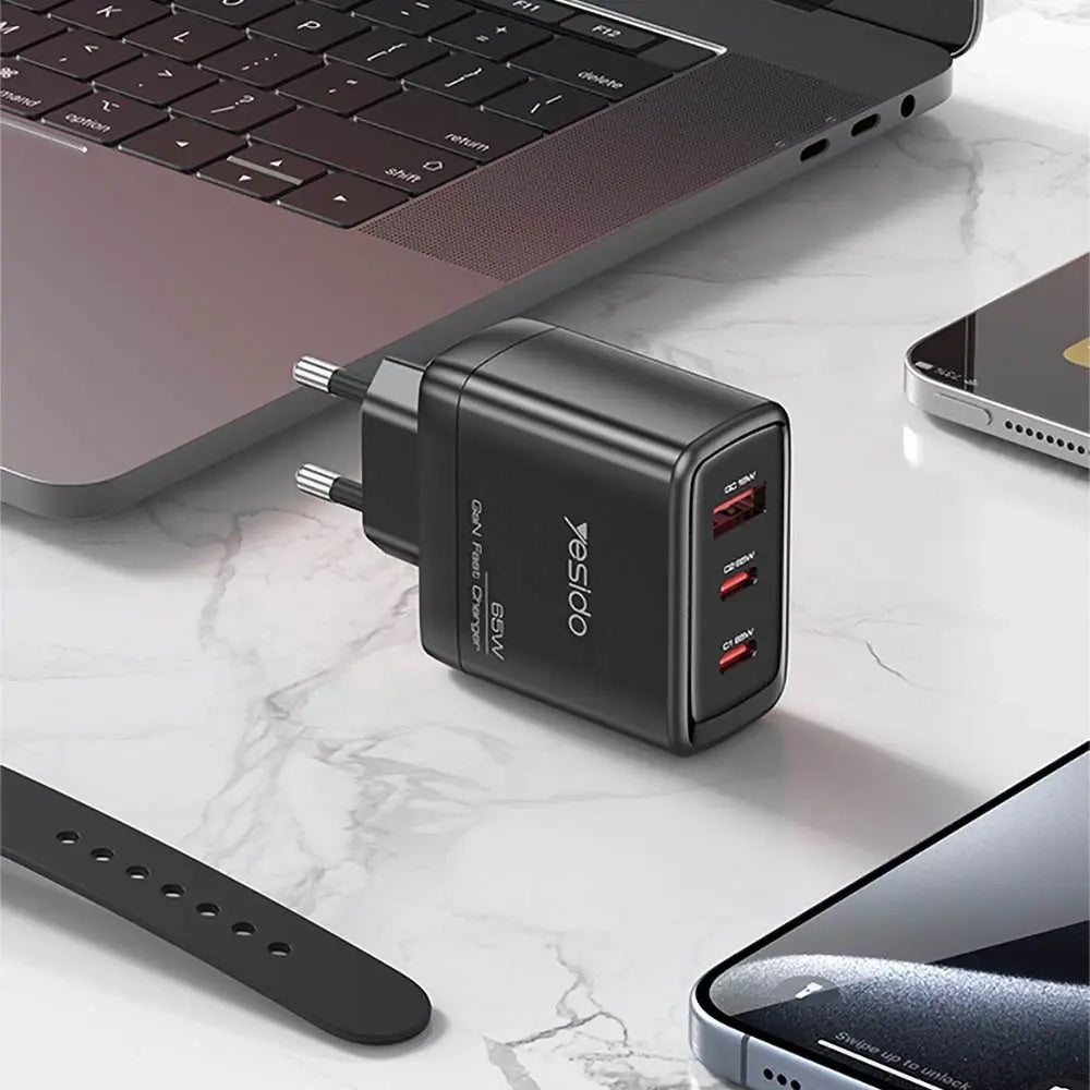 Network Charger with USB-C Cable Yesido YC144C, 65W, 3.25A, 1 x USB-A - 2 x USB-C, Black