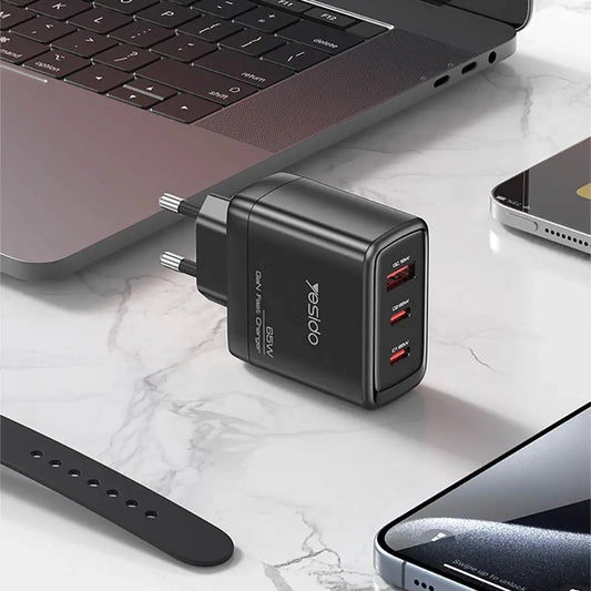 Ładowarka sieciowa z kablem USB-C Yesido YC144C, 65W, 3.25A, 1 x USB-A - 2 x USB-C, Czarny