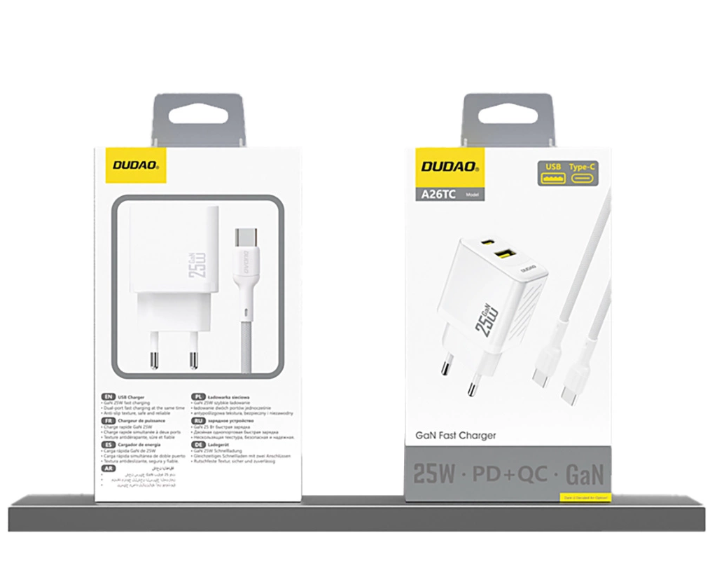 Dudao A26T Network Charger, 25W, 3A, 1 x USB-A - 1 x USB-C, White
