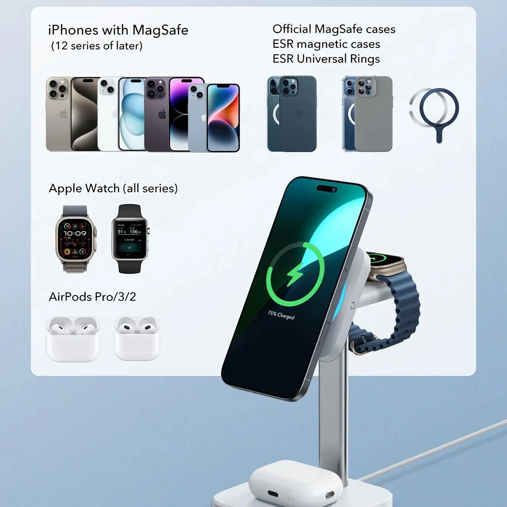 Ładowarka Sieciowa Bezprzewodowa ESR CryoBoost 3w1, 25W, 1.67A, Czarna