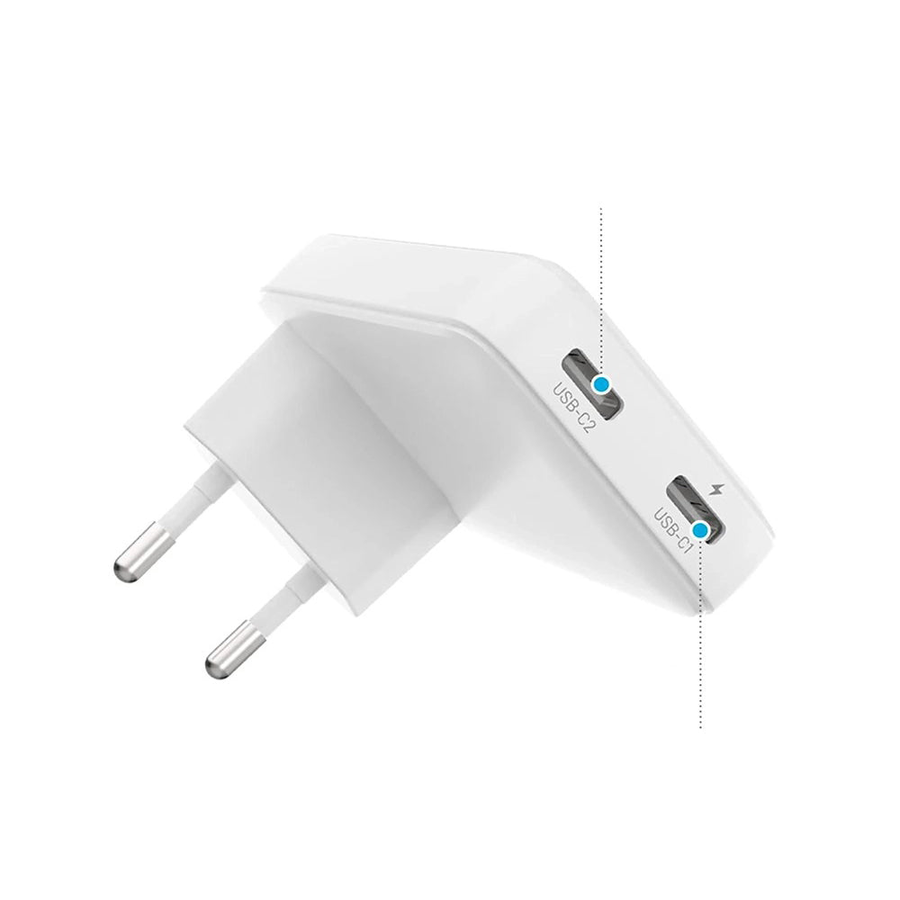 Ładowarka sieciowa Fixed Slim, 45W, 3A, 2 x USB-C, Biała