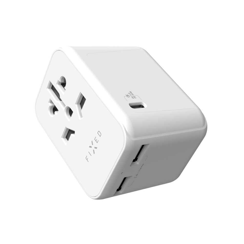 Ładowarka sieciowa Fixed Travel, 30W, 3A, 2 x USB-A - 1 x USB-C, Biała