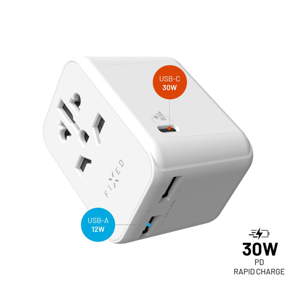 Ładowarka sieciowa Fixed Travel, 30W, 3A, 2 x USB-A - 1 x USB-C, Biała
