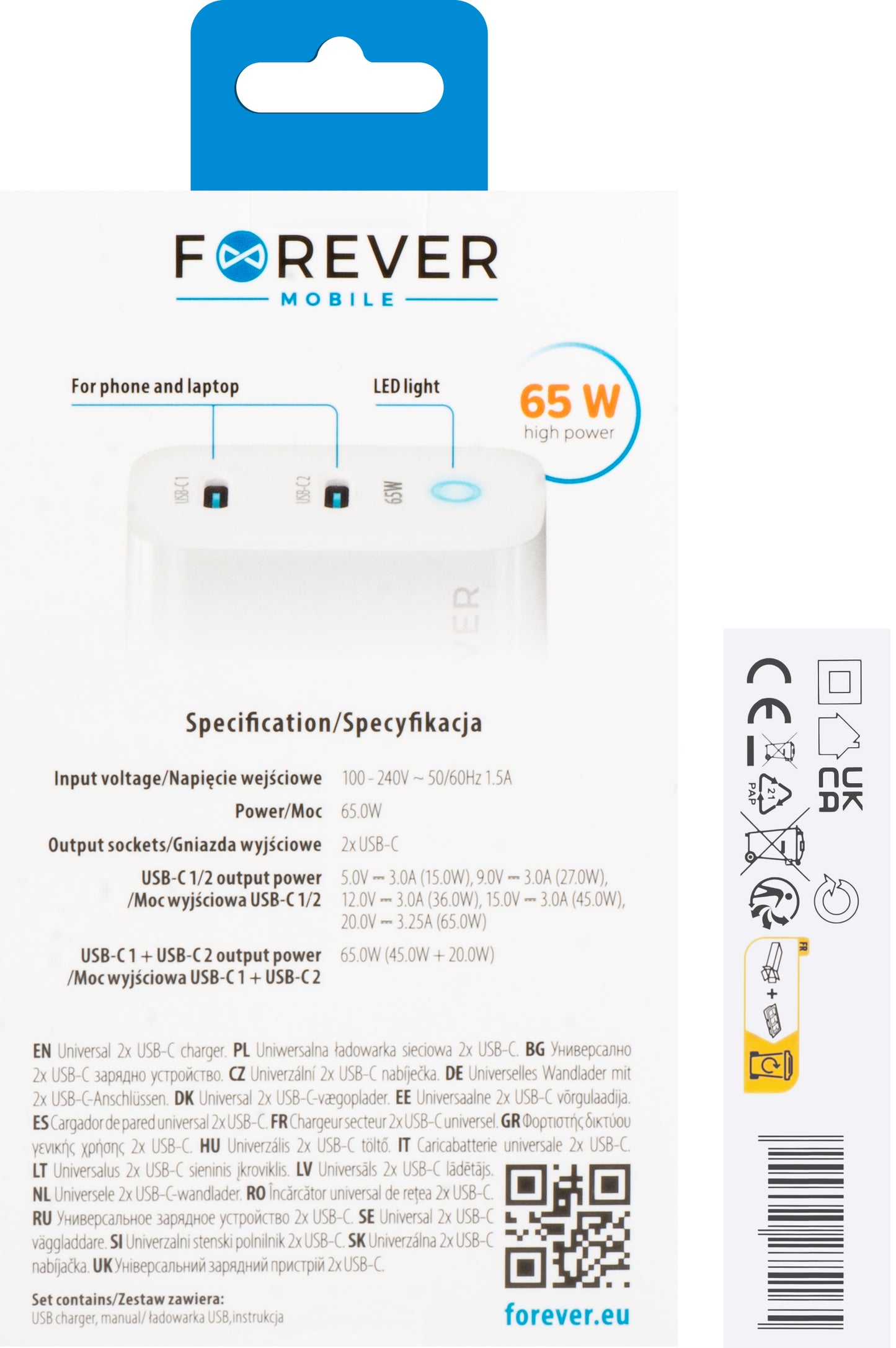 Ładowarka sieciowa Forever TC-06-65CC, 65 W, 3,25 A, 2 x USB-C, biała 