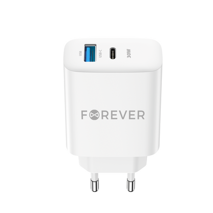 Ładowarka sieciowa Forever TC-07-30AC, 30W, 3A, 1 x USB-A - 1 x USB-C, biała